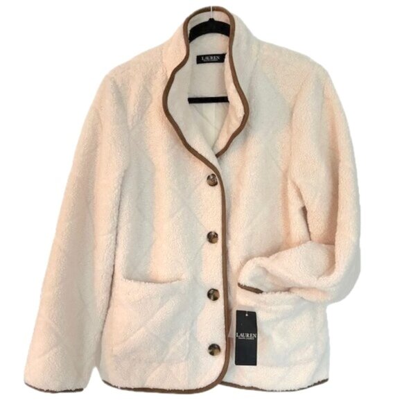 😊Ralph Lauren Sherpa Jacket Wm Sz M Cream Tan Trim Quilted Faux Shearling NEW - Picture 2 of 9